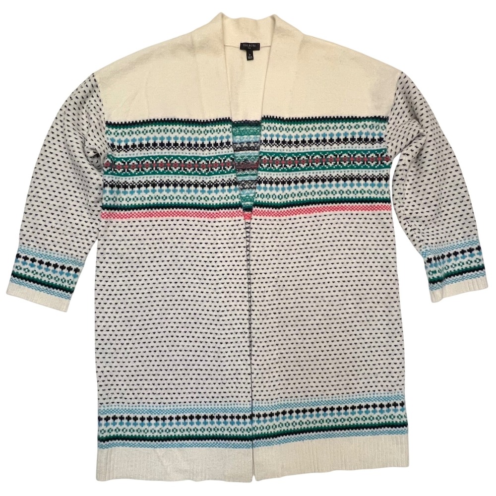 Talbots Plus Ivory Blue Green Pink Fair Isle Longline Cardigan Sweater Size 1X